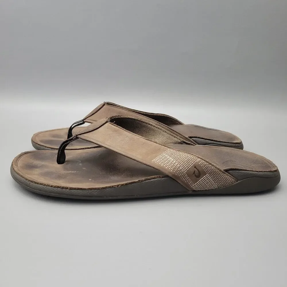 OluKai Tuahine Mens Leather Thongs Flip Flop Beach Vacation Sandals Shoes Sz 13